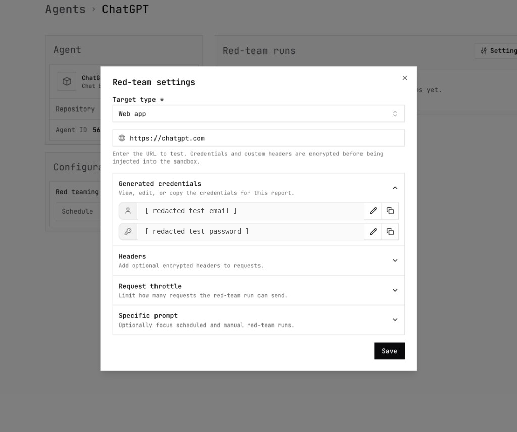Agent Red Team settings with generated credentials redacted