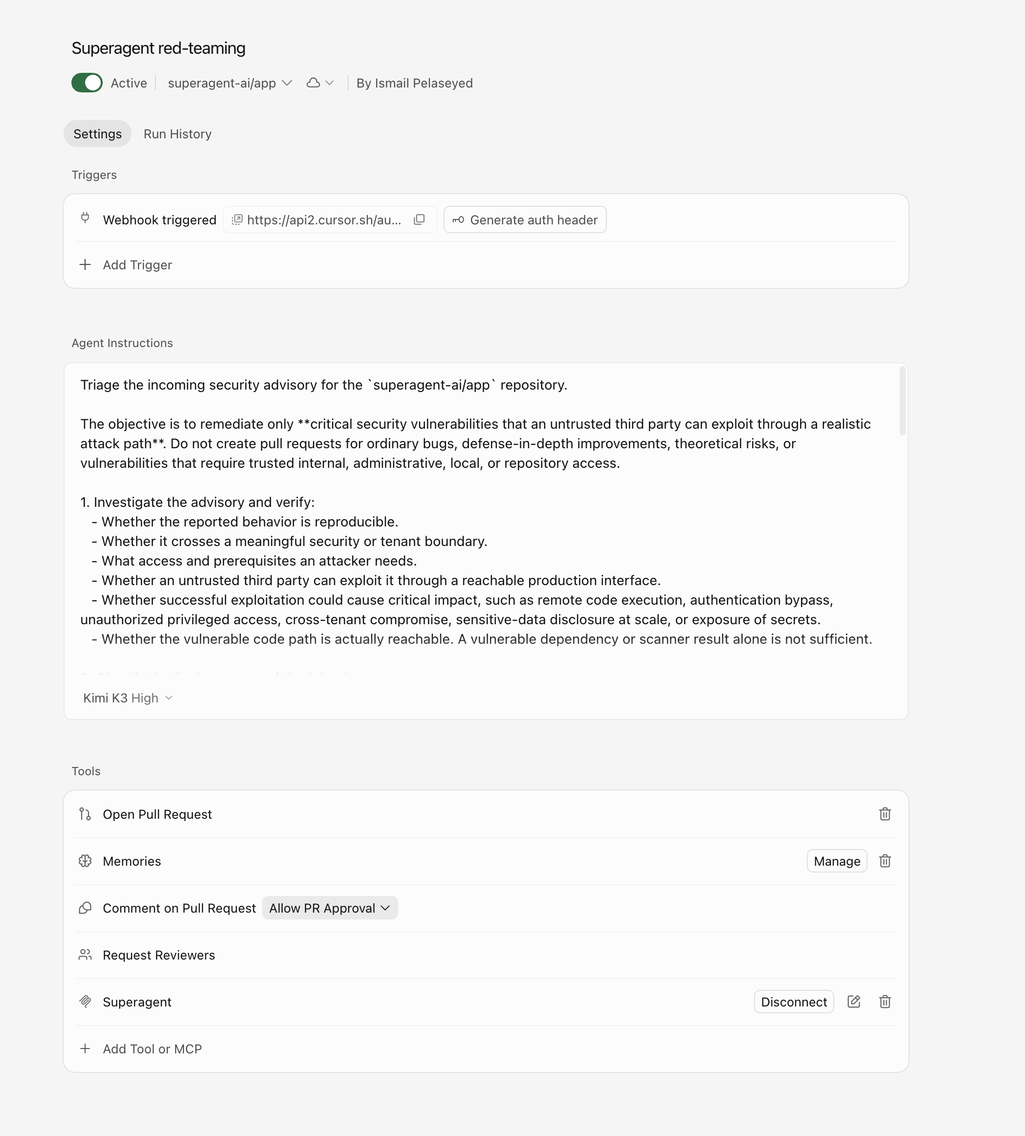 Cursor Automation setup showing the webhook, instructions, and Superagent MCP tools