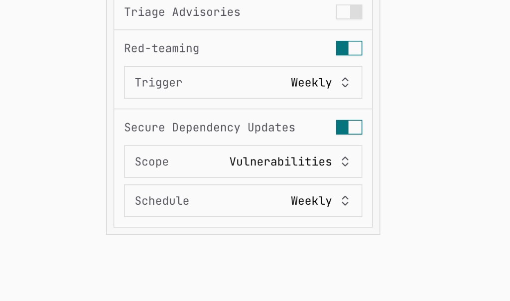 Repository settings with vulnerability-scoped Secure Dependency Updates enabled on a weekly schedule
